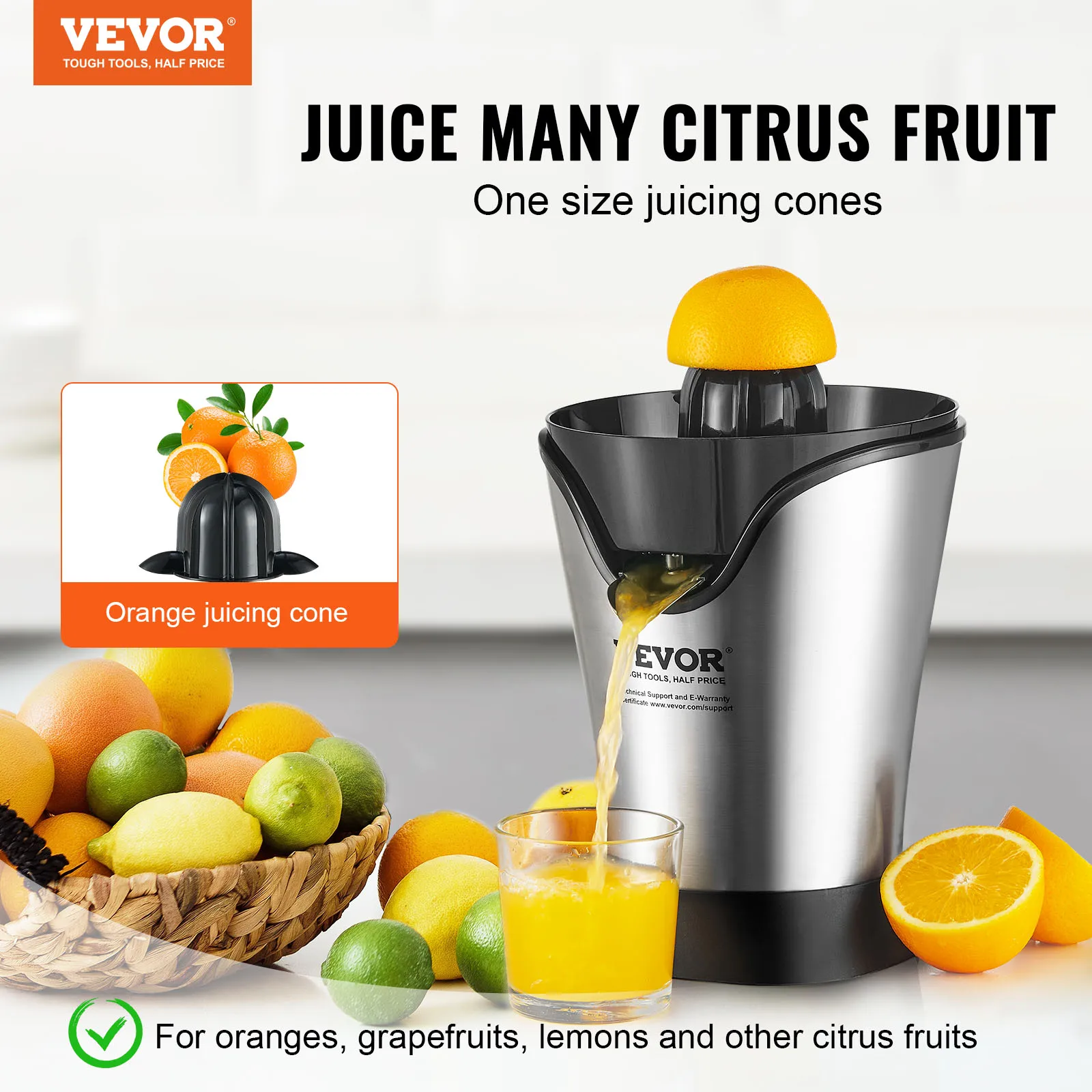 VEVOR Electric Citrus Juicer Orange Juice Squeezer With One Juicing Cone 100W Stainless Steel Filter Orange Juice Maker 2