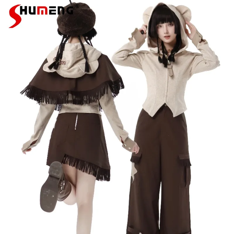 Japanese Style Granular Knitted Design Top Shawl Women's Split Suit Harajuku Long Sleeved Short Jackets Trousers Women's Clothes