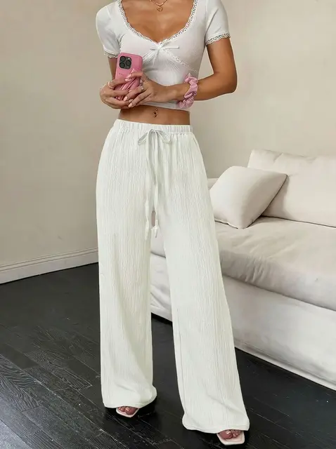 Elegantes Pantalones Anchos de Color Sólido Versátiles para Mujer 4