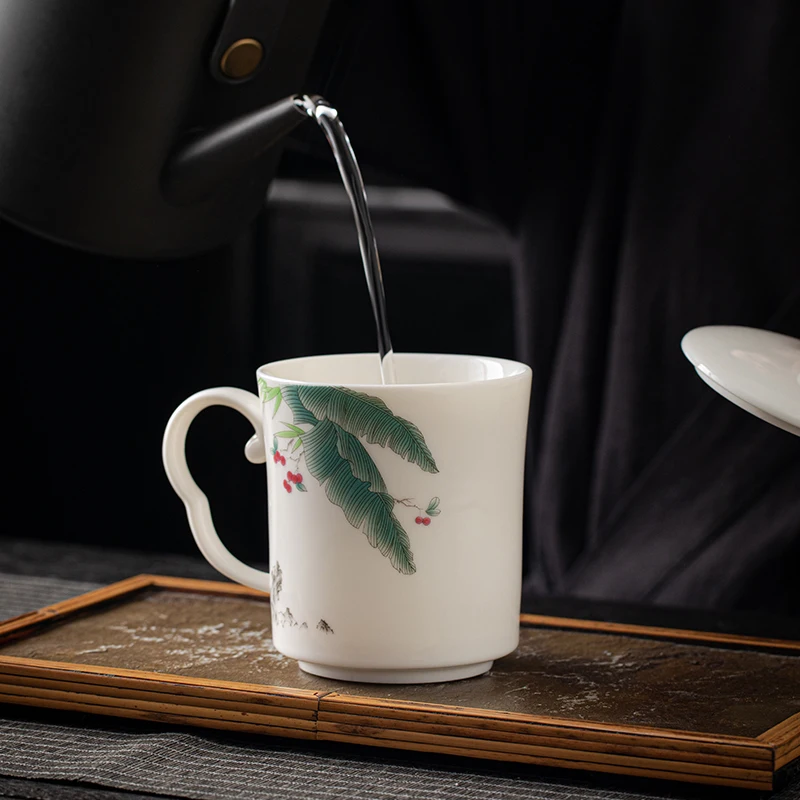 Chinese Style Pattern Ceramic White Porcelain Personal Tea Mugs, Personal Creative With Cover, Milk Water Coffee Cup, 420ml, 1Pc