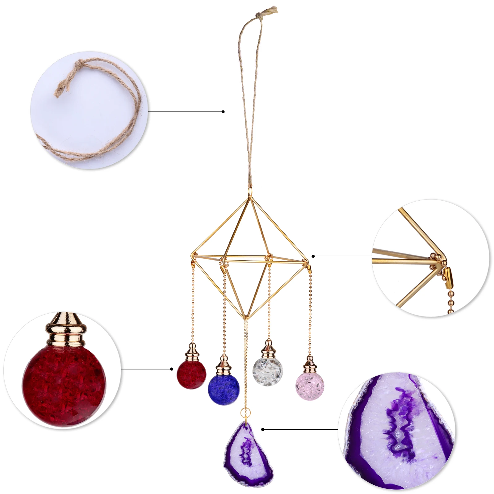 Metal Geometric Hanging Air Plant Holder With Agate Slices Wind Chimes Colorful Crystal Ball Hanging Ornament For Home Decor