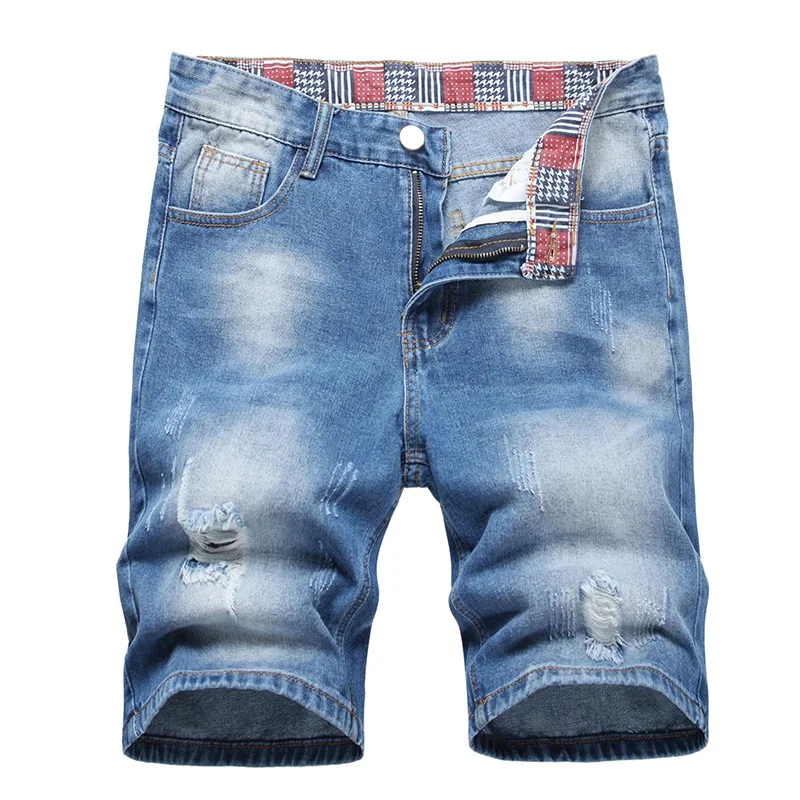 Men Short Jean Denim Pants Ripped Distressed Knee Length Middle Waist Holes Causual Fashional Bleached Scratched Shorts 11B19