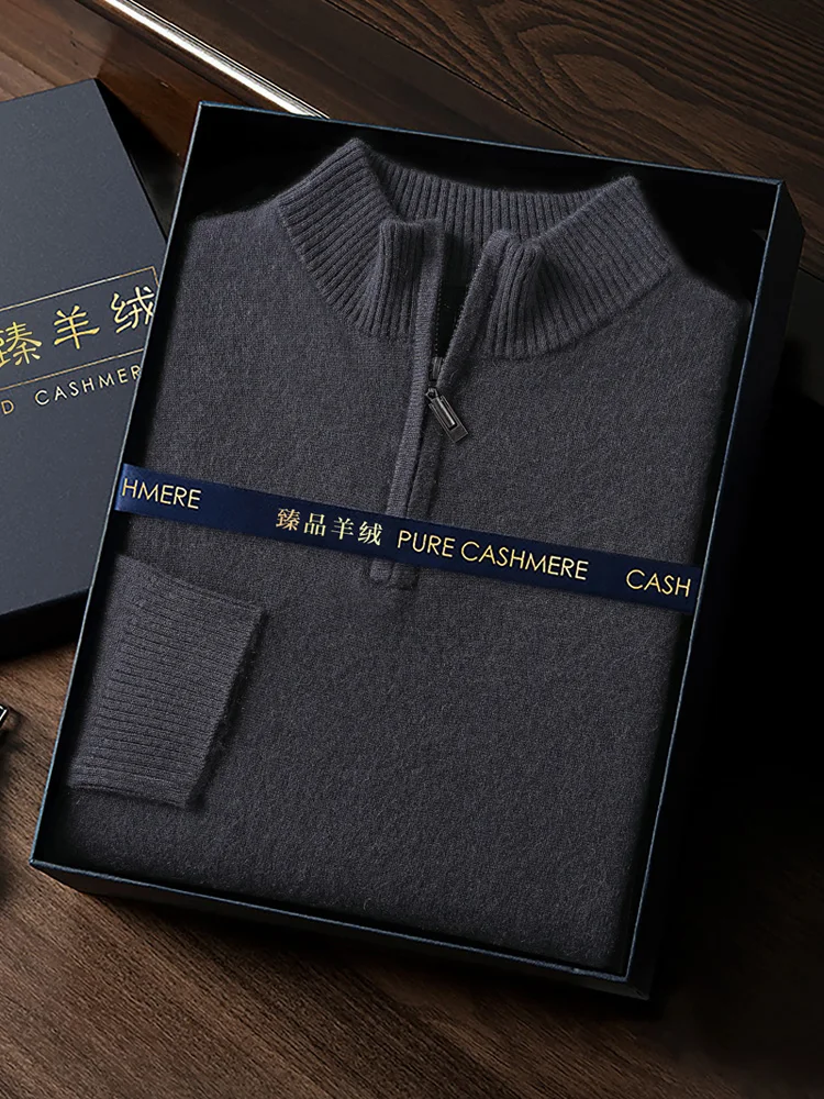 CHICUU Men's 100% Cashmere Sweater Zipper Pullover Mock Neck Long Sleeve Basic Cashmere Knitwear Autumn Winter Clothing Tops 5