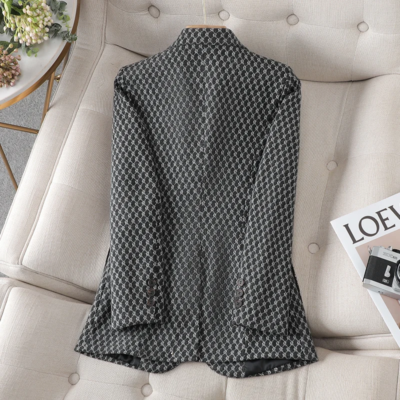 Large Size New Arrival Autumn Winter Ladies Casual Blazer Coat Women Black Coffee Plaid Long Sleeve Single Button Slim Jacket