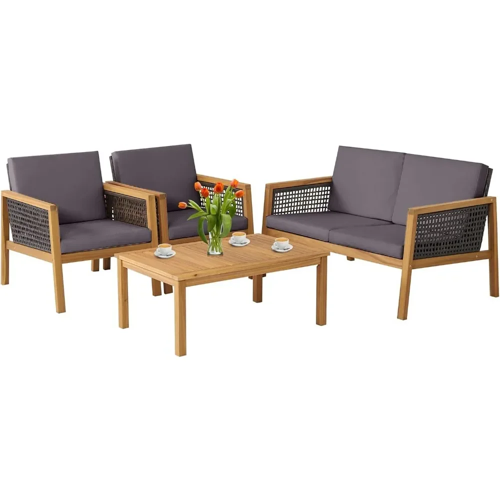 

4/8pcs Outdoor Acacia Wood Furniture Sofa Set, Outdoor PE Wicker Set with Coffee Table and Soft Cushions for Garden Backyard