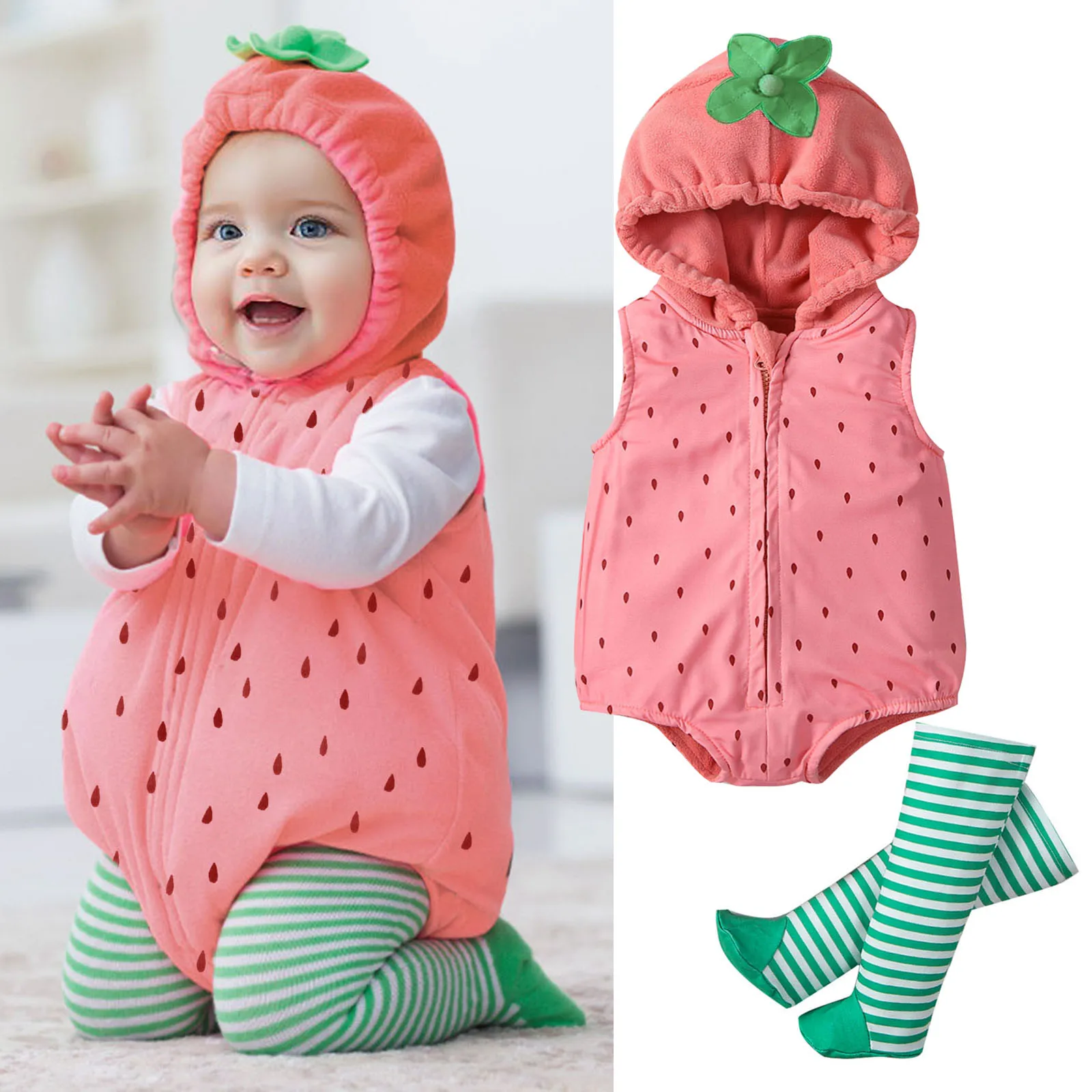 Baby Girls Romper Sleeveless Hooded Strawberry Seed Print Infant Bodysuit with Striped Socks Cute Furit Costumes Outfits