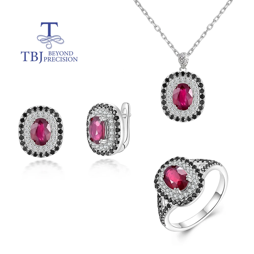 

S925 silver light luxury fashion natural filled Ruby Ring earring necklace set for women & Lady Fine Jewelry birthday Party gift