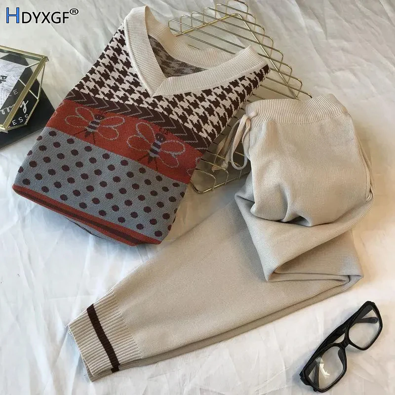 

Винтажный вязаный пуловер в стиле пэчворк с ромбовидным принтом и брюки-султанки до щиколотки с завышенной талией и шнурком, женская модная уличная одежда