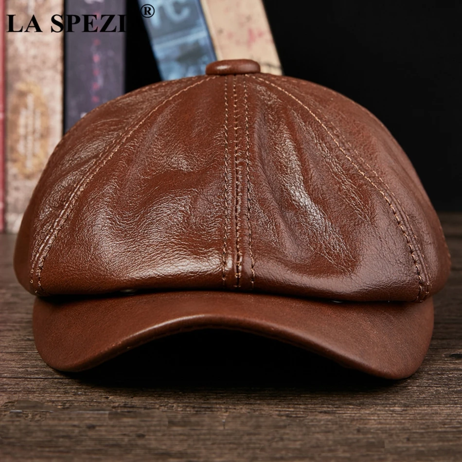 LA SPEZIA Black Newsboy Hats For Men Genuine Cowskin Leather Octagonal Cap Male Autumn Winter Fitted Vintage Duckbill Hats Beret 3
