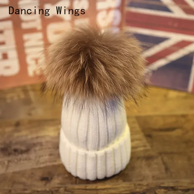 

100% real raccoon fur pompon hats women winter skullies cap with big fluffy Raccoon ponpon pompom child knitted Beanies