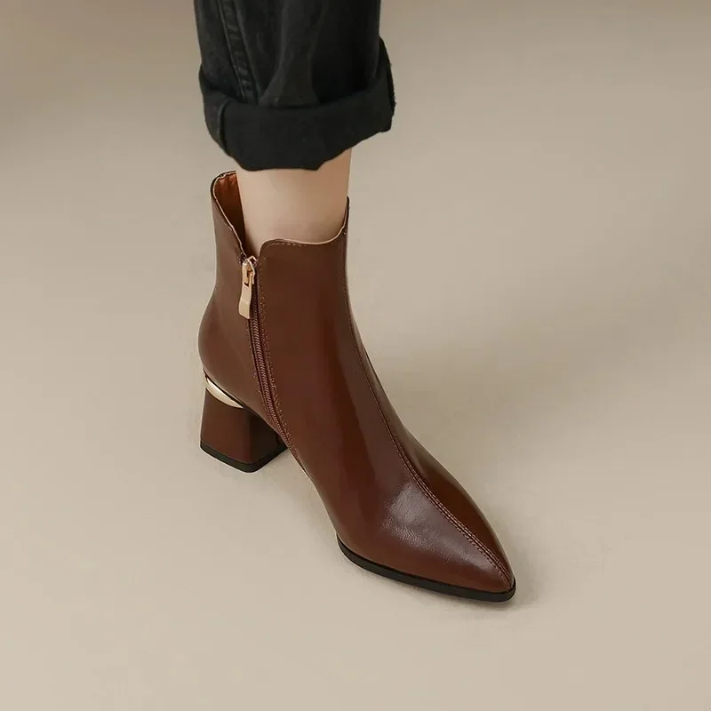 

Женские ботильоны с заостренным носком, Новая Осенняя обувь на высоком каблуке с боковой молнией, женские классические офисные Ботинки Челси на массивном каблуке