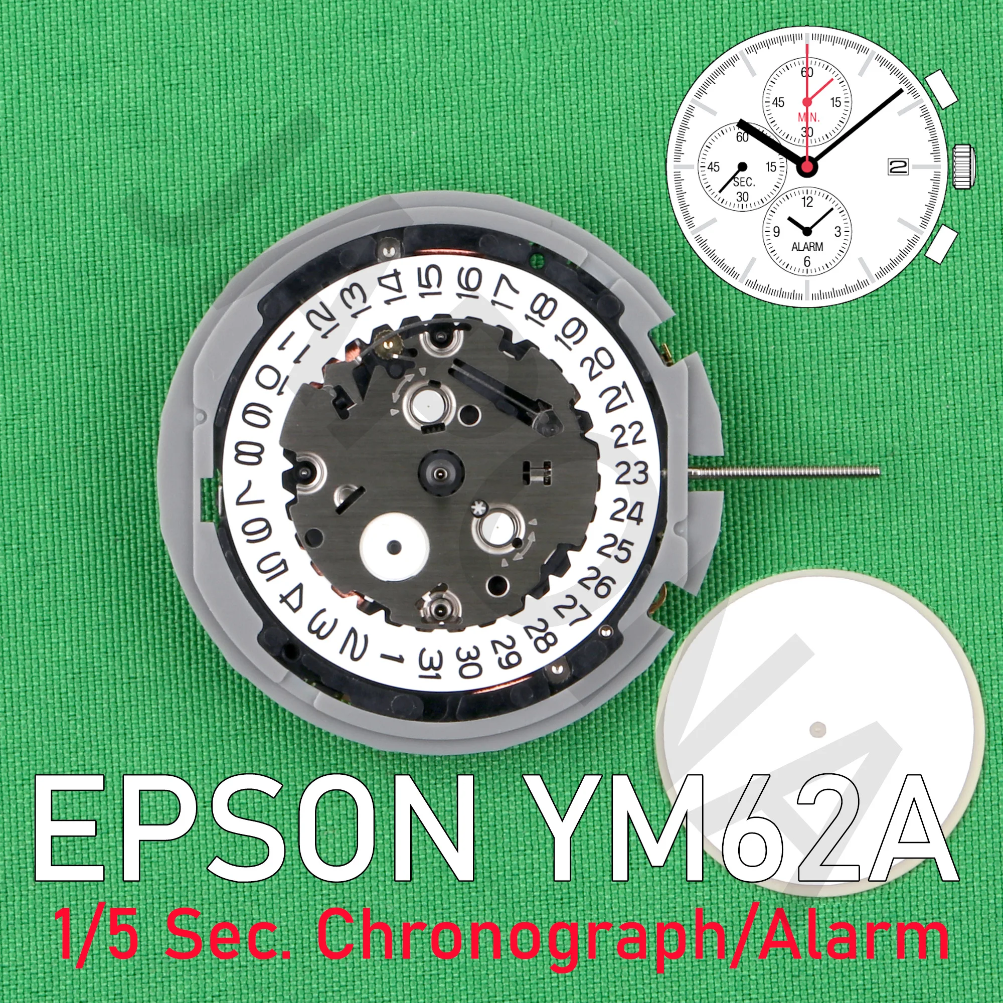 

YM62 movement japan EPSON YM62A movement small hands at 6.9.12 Analog Quartz 12''' Center second Chronograph Movement Alarm