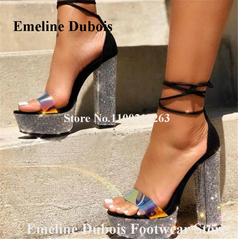 

Rhinestones Chunky Heel Sandals Emeline Dubois Bling Bling Open Toe PVC Patchwork High Platform Dress Shoes Ankle Straps Heels