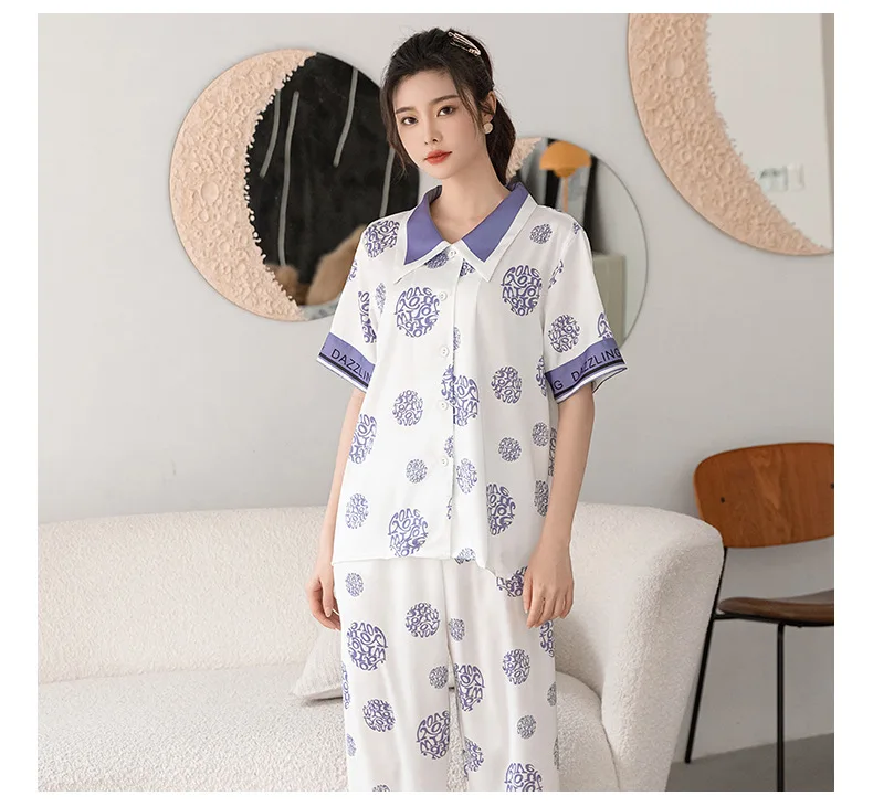 

Season New Silk Pajamas Women's Short-sleeved Trousers Doll Collar Ice and Snow Silk Cardigan Korean Style Home Clothes Women