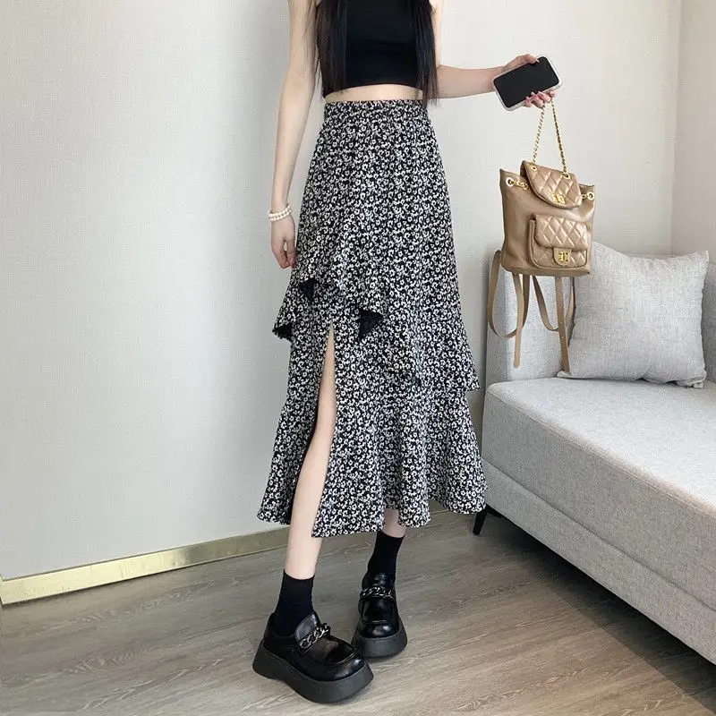 

Floral Long Skirt for Women Elegant Elastic High-waisted Midi Skirt Female Irregular A-line Trumpet Faldas