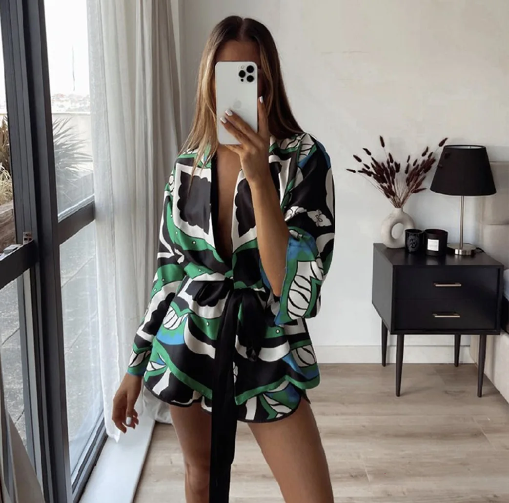 Women's Print Pajamas Set Summer Spring 3 Pieces Ladies Loose Sleepwear Kimono Streetwear V Neck Pijama Suit For Female 2024