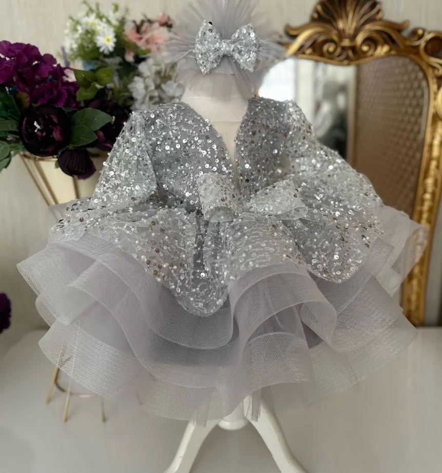 

Silver Sequined Baby Girl Dress Princess Puffy Tulle Dress Toddler First Birthday Party Gowns Photoshoot Baby Tutu Outfit