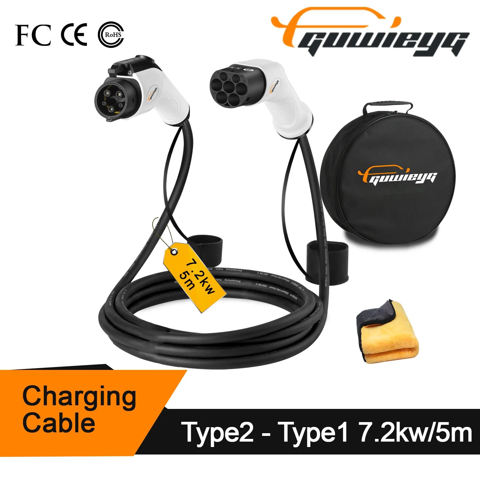 

GUWIEYG EV Charging Cable J1772 Type1 to Type2 Female to Male Plug 7.KW 32A 5M Cable Electric Vehicle Cord for Charger Station