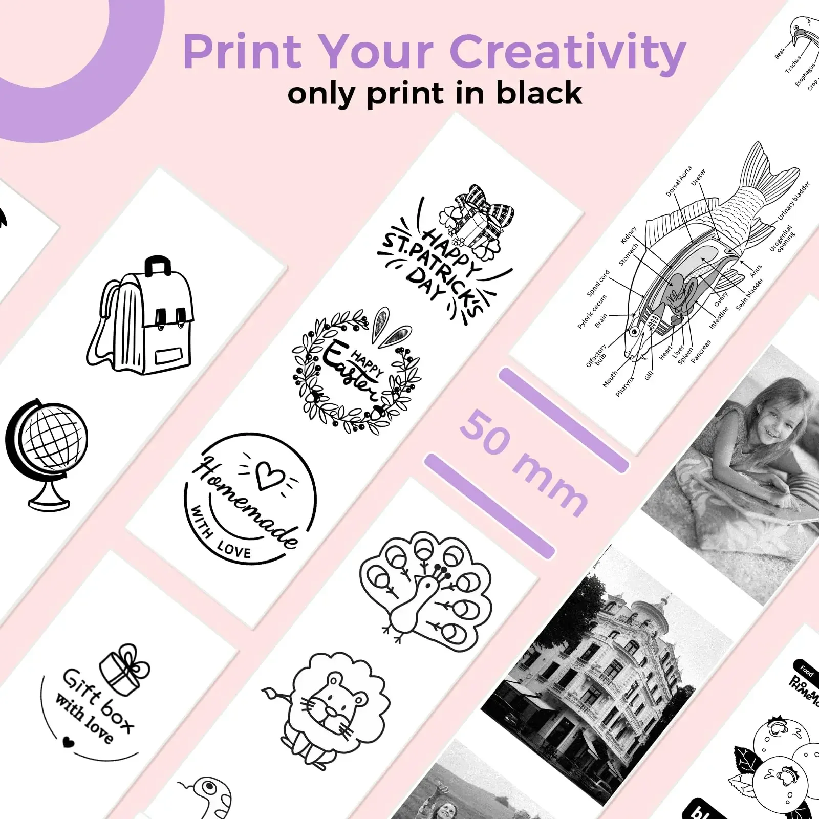 Mini Thermal Paper Stickers Width 53mm,Total Length 3.5m,Compatible With M02/T02 Wireless Bluetooth Inkless Printer Photos Notes