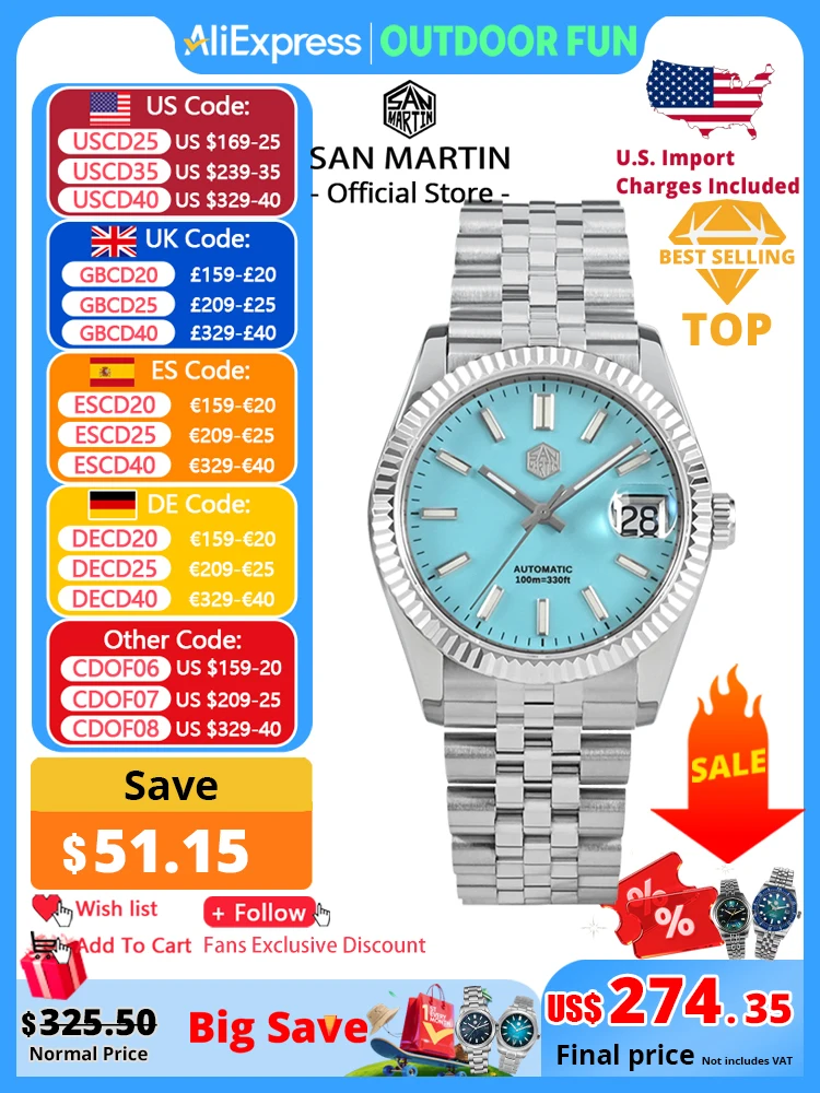 San Martin 36.5mm męski zegarek do sukni Top marka luksusowe automatyczne mechaniczne modne zegarki dla par Sapphire wodoodporny 100m BGW9 - AliExpress 1511