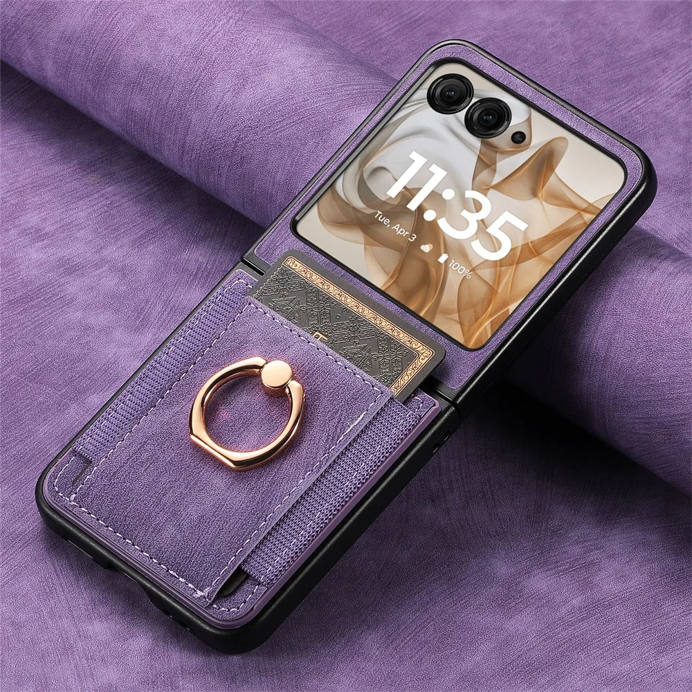 Premium Retro Plain PU Leather Wallet Phone Case with Card Slot and Ring Bracket - Shockproof Cover