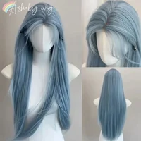 Blue Wig for Women Long Straight Hair 24inch Lace Fornt Low Saturation Blue Wigs Headband Wig Summer Light for Cosplay