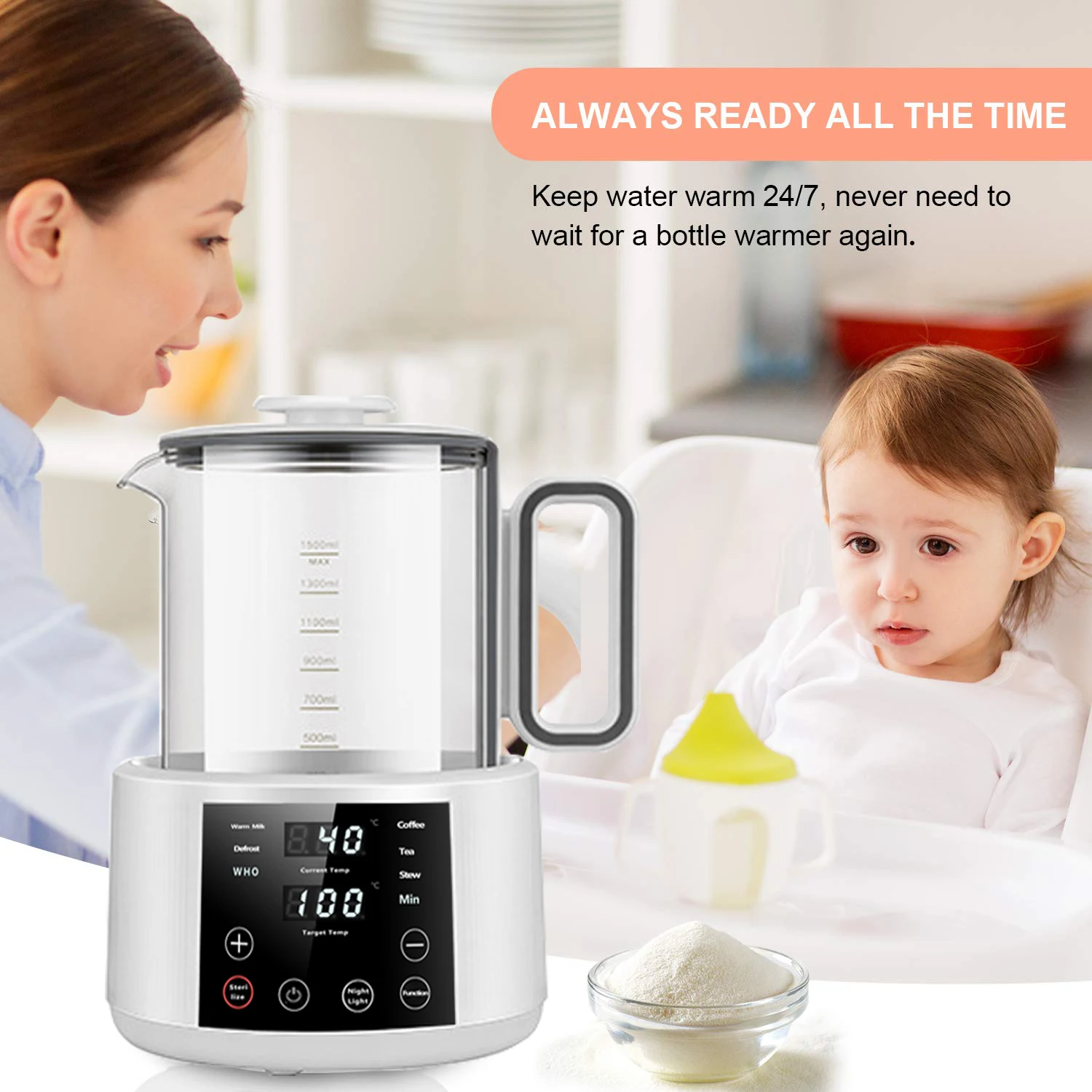 Baby Formula Kettle Warm Water Dispenser for Making Formula Accurate Temperature Control Boil-Dry Protection 24h Keep Warm 1.5L electric kettle,bottle warmer,milk bottle heater