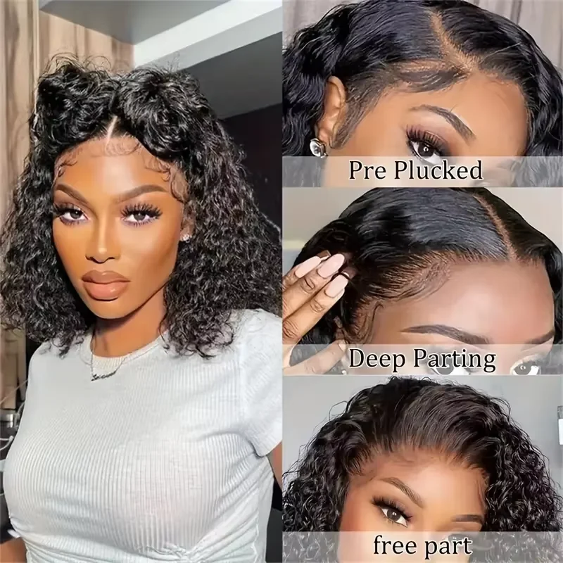 220% Density 14 Inch Curly Short Bob Wig Human Hair Bob Wigs Deep Wave 13x4 HD Lace Closure Wig Human Hair Wig Deep Curly Wig