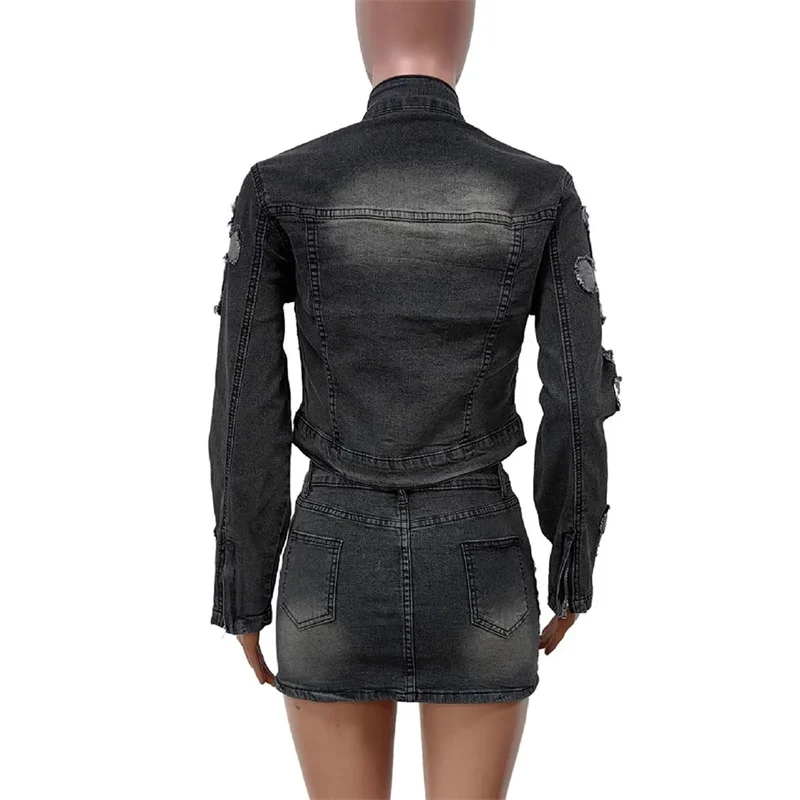 Women Stand-up Collar Zipper Jackets Patchwork Crosses Denim Suits Ultra Short Wrap Hip Skirt Female Casual Trend Two Piece Sets