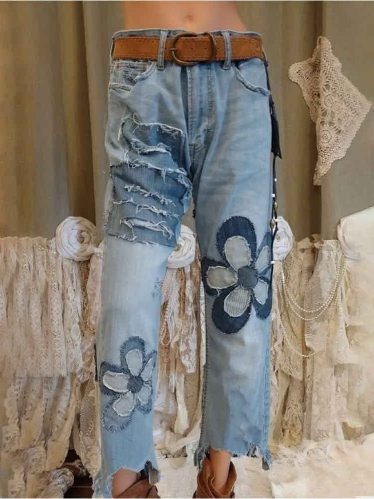 Women Cat Embroidery Patchwork Mid Waist Loose Denim Harem Jeans