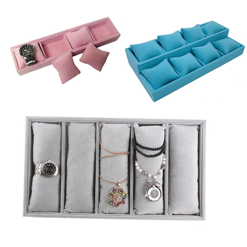 Velvet Watch Tray Bracelet Display Organizer Bangle Stand Jewelry Display Pillow Holder 4/8/12 Grids 5pcs 8x9cm velvet bracelet watch pillow small multicolor velvet pillow jewelry bracelet cushion holder organizer pillow