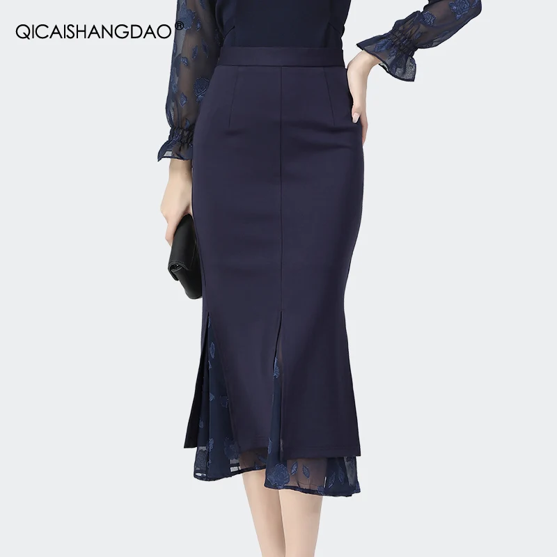 

2022 Spring Summer Office Ladies Blue Long Pencil Skirt Sexy Elegant Hem Slit Splicing Design Women Knit Gauze Wrapped Skirts