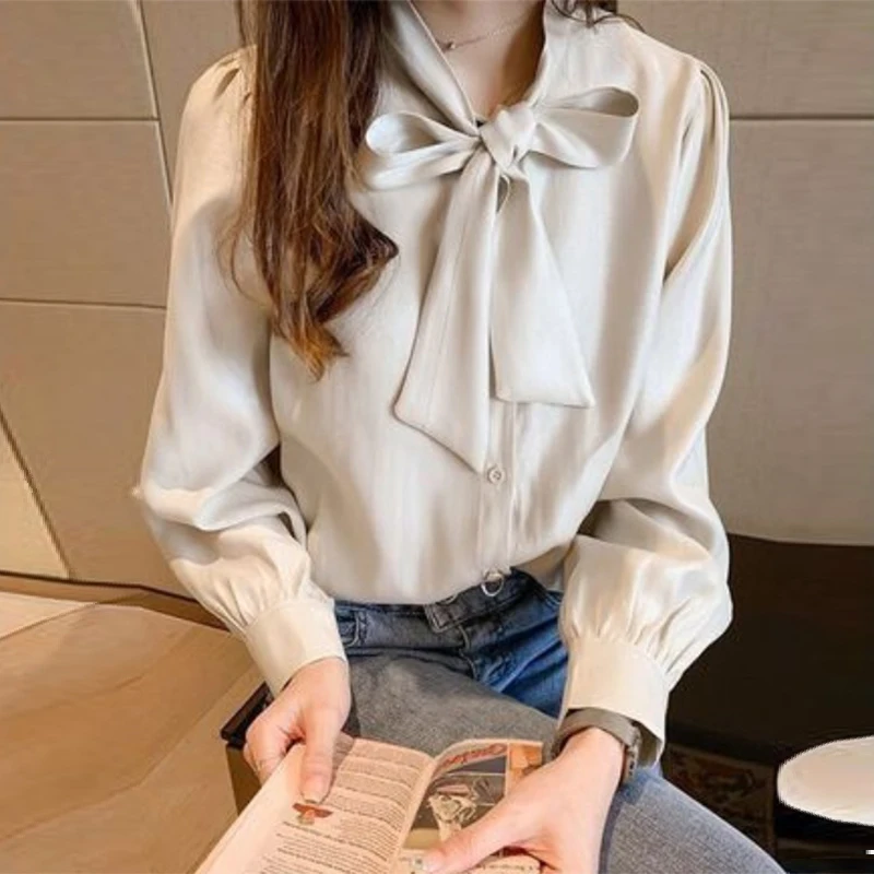 Spring Autumn Oversized Elegant Fashion Satin Bow Buttons Temperament Shirt Women Long Sleeve Blusa Solid Loose All-match Blouse