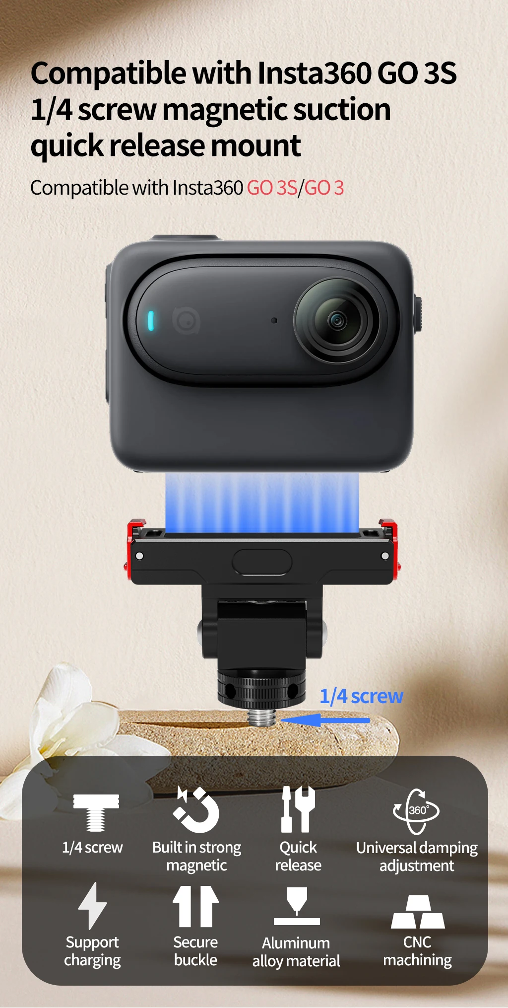 GO 3S Magnetische Halterung Ladestation Schnellverschluss Halterung Motorrad Lenker Klemme für Insta360 Go 3 3S OSMO 360 Kamera Halter – Detail 1