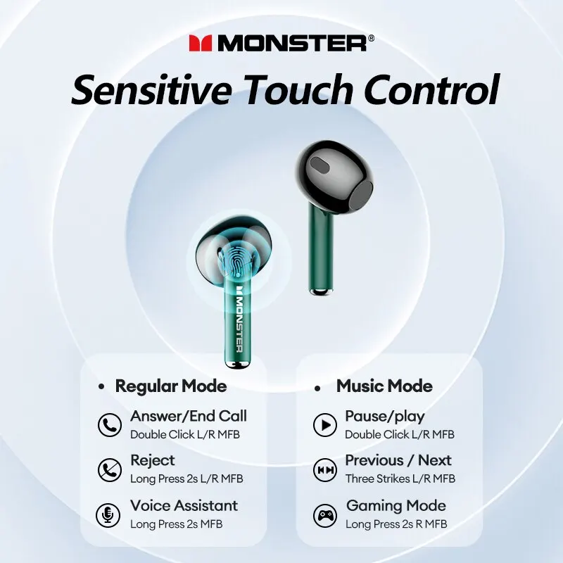 Monster XKT16 무선 이어폰, 블루투스 5.3 게임용 헤드셋, 하이파이 사운드, HD 통화 음악 이어버드, 터치 컨트롤 헤드폰, 듀얼 모드