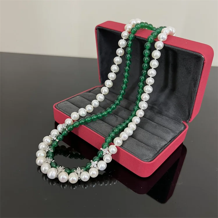 2 Strands Natural freshwater pearl green agate necklace