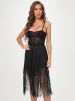 Tassel Bodycon Mesh Bandage Dresses Cross Back Strap Mini Midi Dress HLBANDAGE Tassel Bodycon Mesh Bandage Dresses Cross Back