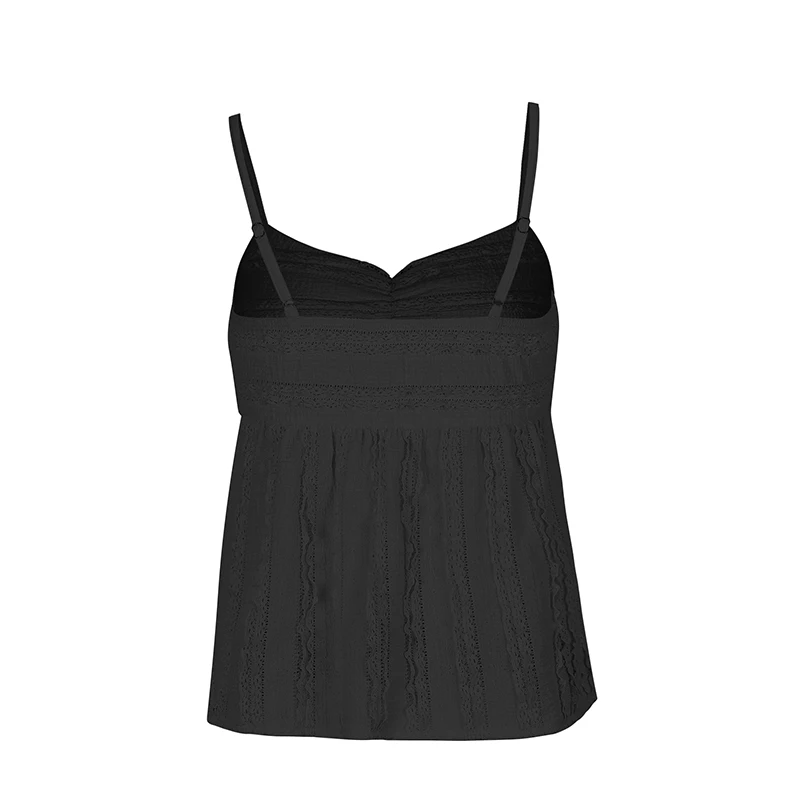 Blusa feminina preta regata de alça fina com busto franzido e tecido texturizado, estilo casual streetwear para o verão.