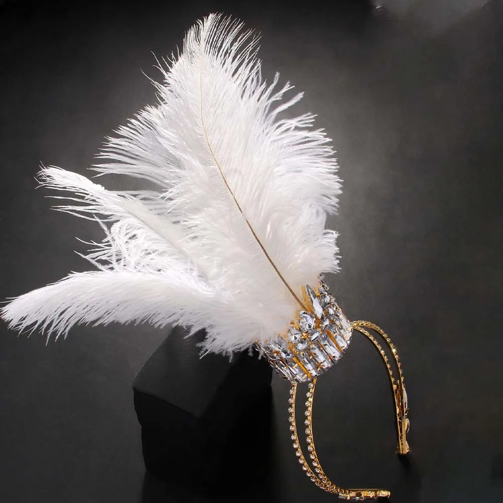 Elegant White Feather Crown Tiara Drag Queen Performance Accessories Oversize Headband Rhinestone Headpiece Jewelry Cosplay Gift