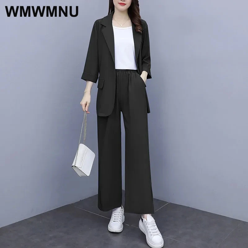 women's short suit set Oversized 4XL Baggy 2 Piece Set Women Three Quarter Sleeves Unlined Blazer Coat Business Straight Splited Fork Suit Pant Outfit women's warm up suits