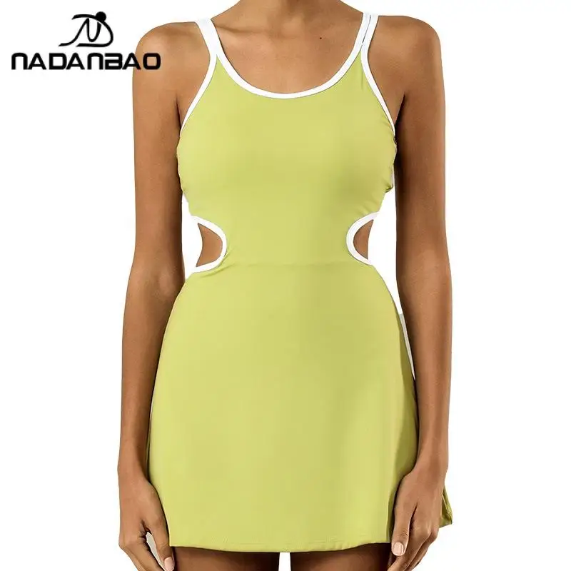 Nadanbao Outdoor Sports Women's Tennis Dress Fashion Casual Fitness Yoga Dress Female Backless Intersect Hollow Out Gym Clothes
