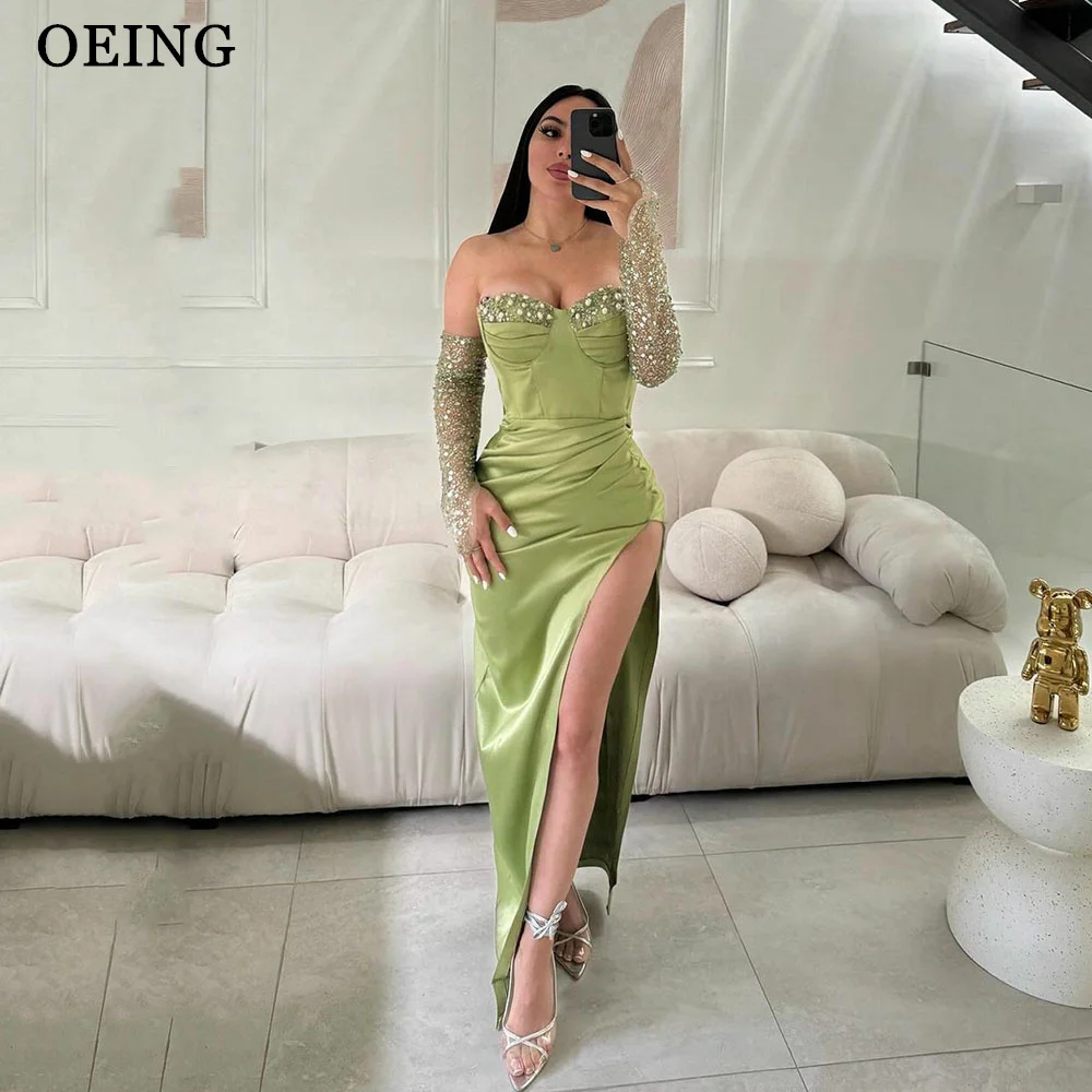 

OEING Sweetheart Light Green Mermaid Evening Dresses Sexy Split Pleats Prom Gowns Formal Party Dress Gift Sleeves Robe De Soiree