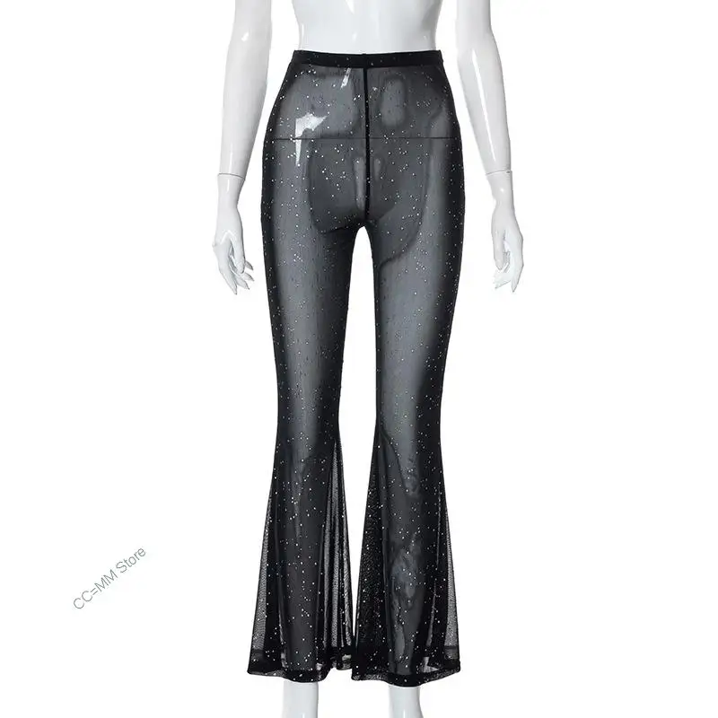 2022 Women Perspective Flare Pants Fashion Sequins Mesh  Personality Sexy Tunic Trousers Vintage Spring Summer Wide-Leg Pants