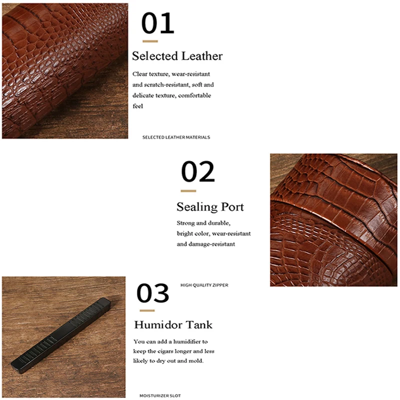 Leather Travel Humidor Cedar Wood Cigar Box Jar W/ Humidifier Hygrometer Humidor Box Fit 5 Cigars Crocodile Texture Leather