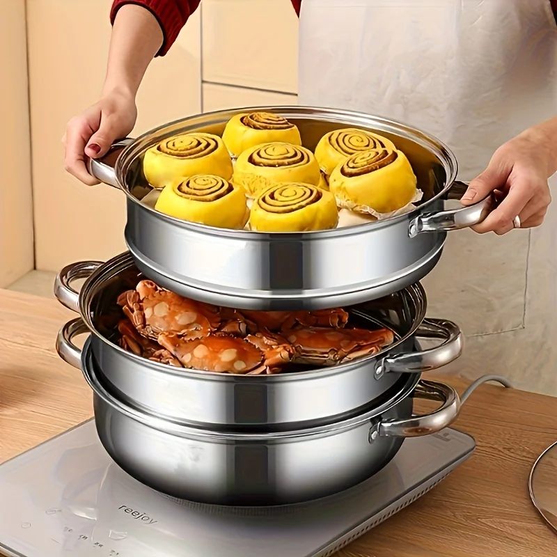 

1set, Steamer, Stainless Steel Steaming And Cooking Integrated Pot With Lid, Universal For Induction Cooker, Gas Stove, And Elec