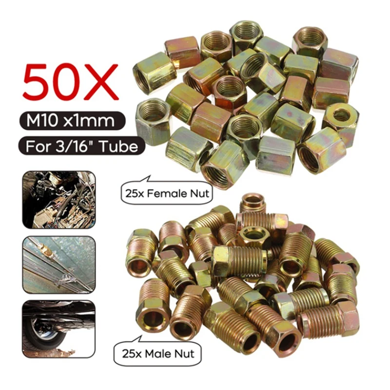 50Pcs Male / Female End Union Brake Pipe Screw Nuts M10 x 1mm 3/16Inch OD Copper Brake Tubes Line Pipe Fittings Metric