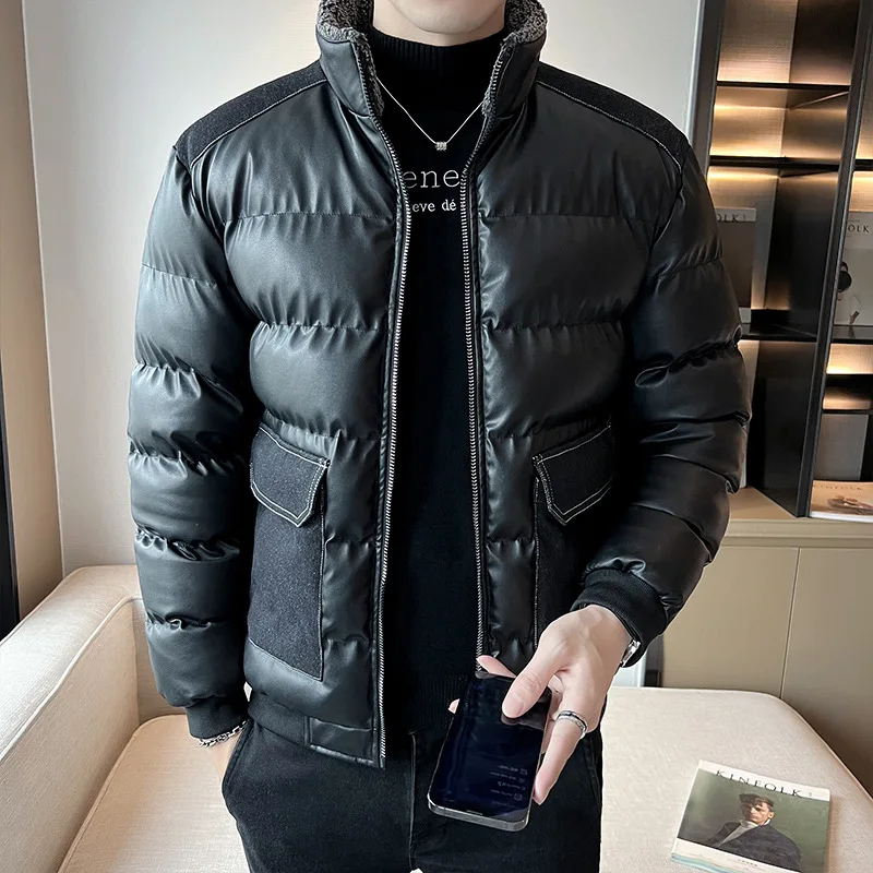 

High Quality Brand Autumn Winter Coat Men Leather Jacket Thick Windproof Parka Big Pockets Stand Collar Warm Solid Puffer Jacket