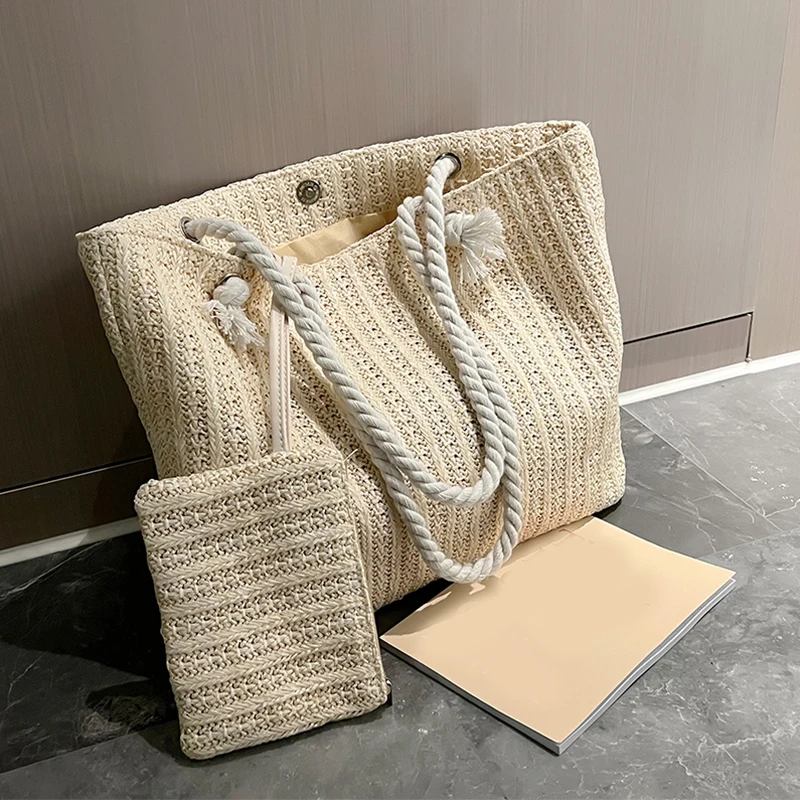 Summer Straw Bags For Women Weaving Totes Ladies Handbags Designer Travel Large Capacity Beach Shoulder Bag With Mini Purse