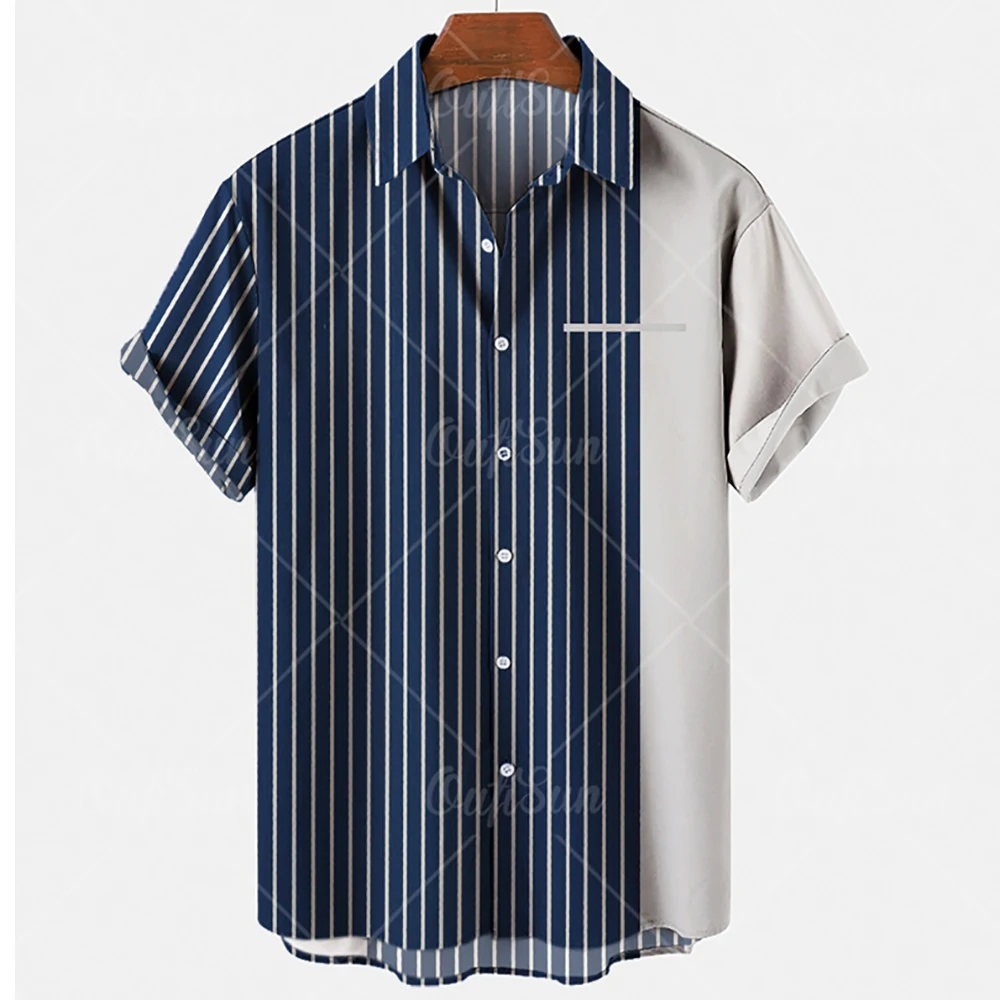 Men'S Casual Shirt Plaid Stripes Print Summer Short Sleeve Fashion Street Hawaiian  Beach Party Top Dazn Oversized 4