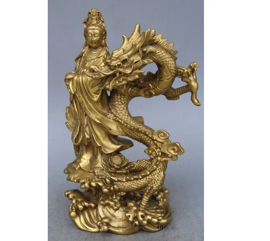

26CM Chinese Brass Dragon kwan-yin GuanYin Goddess buddha statue